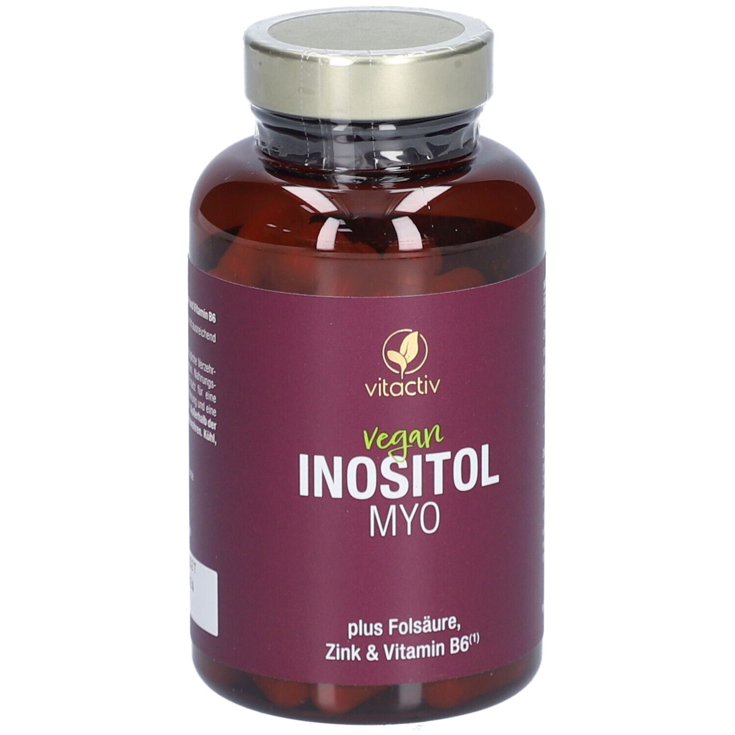Braune Flasche mit Kapseln. Aufschrift: Vegan INOSITOL MYO, plus Folsäure, Zink & Vitamin B6. Marke: vitactiv.