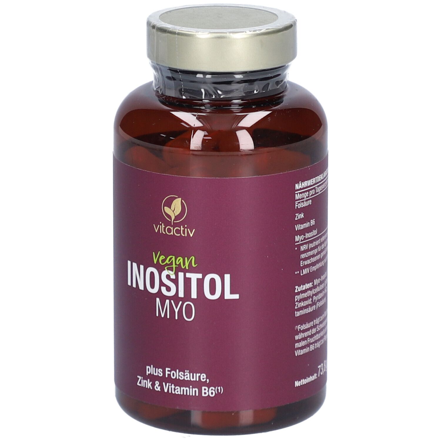 Rückseite der Flasche mit Text. Text: Nährwertdeklaration. INOSITOL MYO. Marke: vitactiv.
