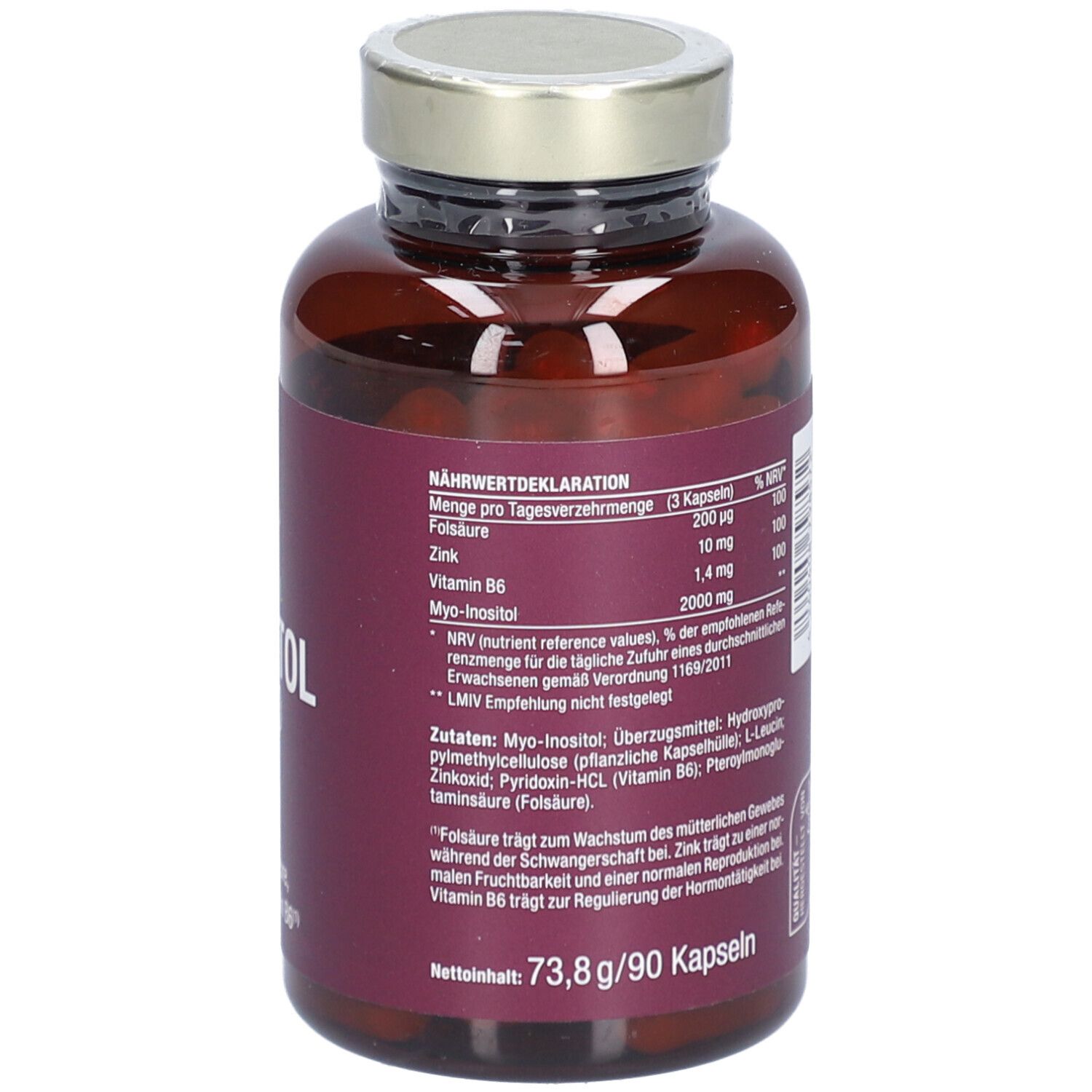 Rückseite der Flasche mit Text. Text: Nährwertdeklaration. INOSITOL MYO. Marke: vitactiv.