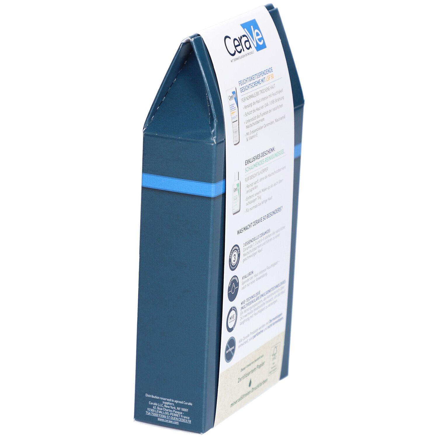 Seitenansicht des CeraVe Geschenksets. Verpackung mit Produktinformationen und Zertifizierungen.