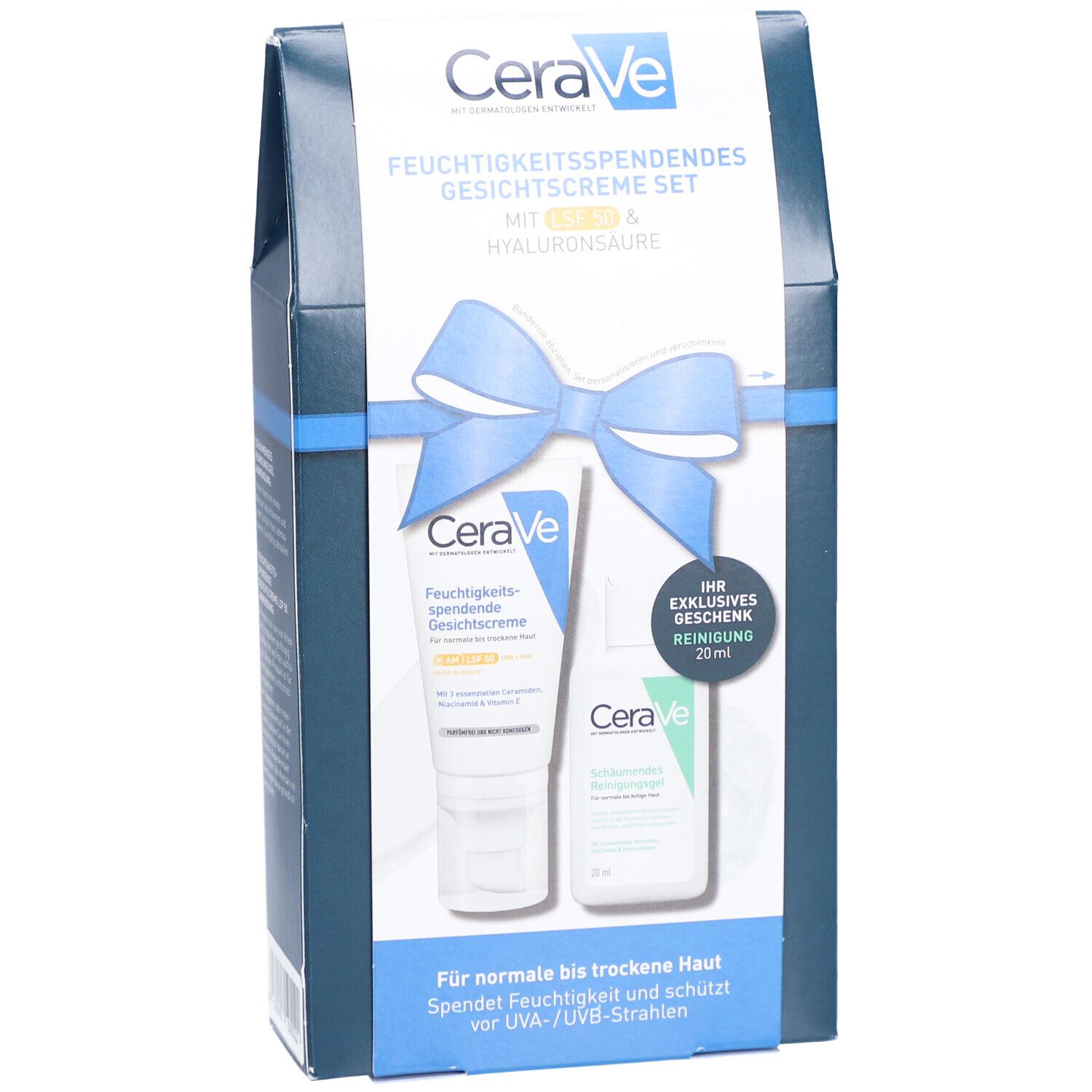 CeraVe Geschenkset. Enthält Gesichtscreme LSF 50 und Reinigungsgel. Verpackung mit blauem Band und Schleife.