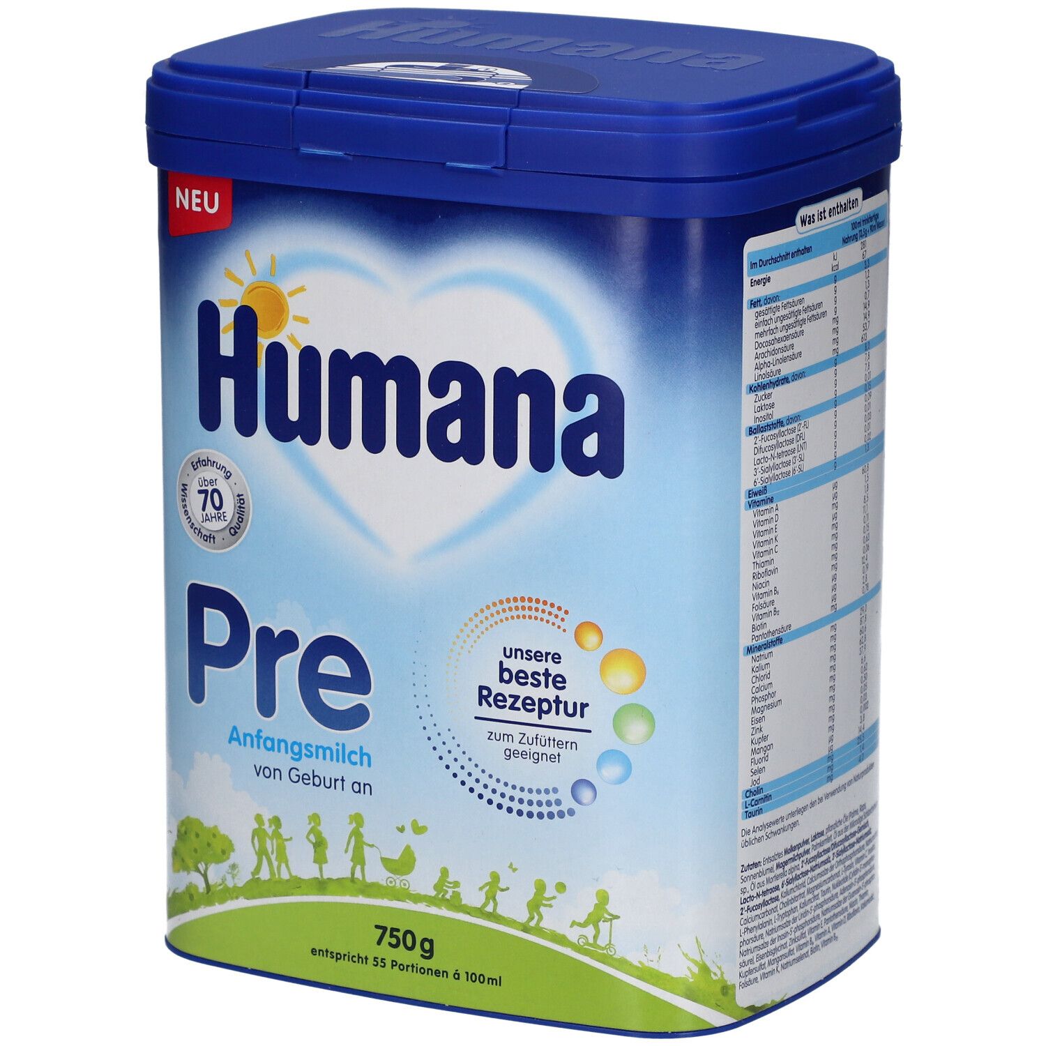 Blau-weiße Dose Humana Pre Anfangsmilch. Aufschrift: Humana, Pre, 750g. Mit Deckel, Illustration von Kindern.
