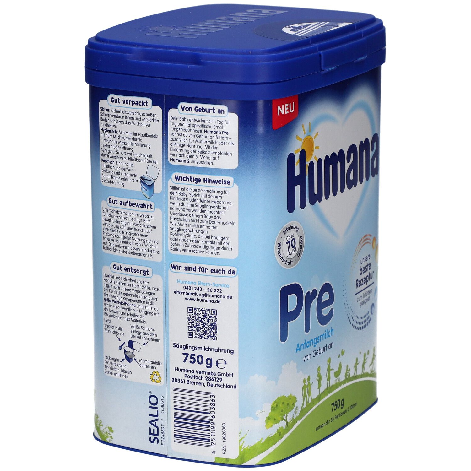 Rückseite der Humana Pre Dose. Textinformationen, QR-Code, Logo. Blau-weiße Dose mit Deckel.