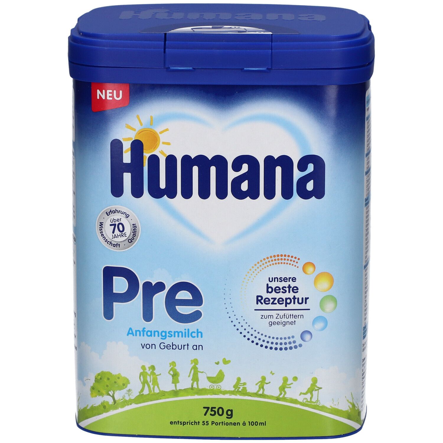 Humana Pre Anfangsmilch Dose. Blau-weiße Dose mit Deckel. Aufschrift: Humana, Pre, 750g.