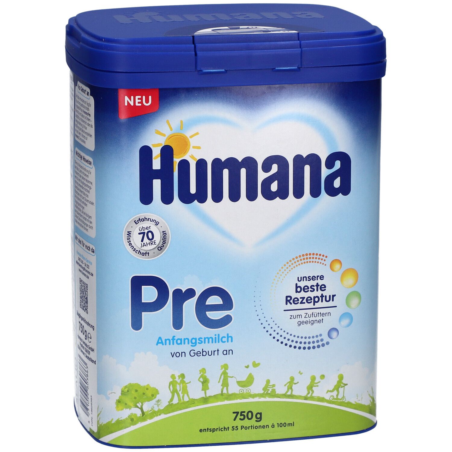 Humana Pre Anfangsmilch Dose. Blau-weiße Dose mit Deckel. Aufschrift: Humana, Pre, 750g.