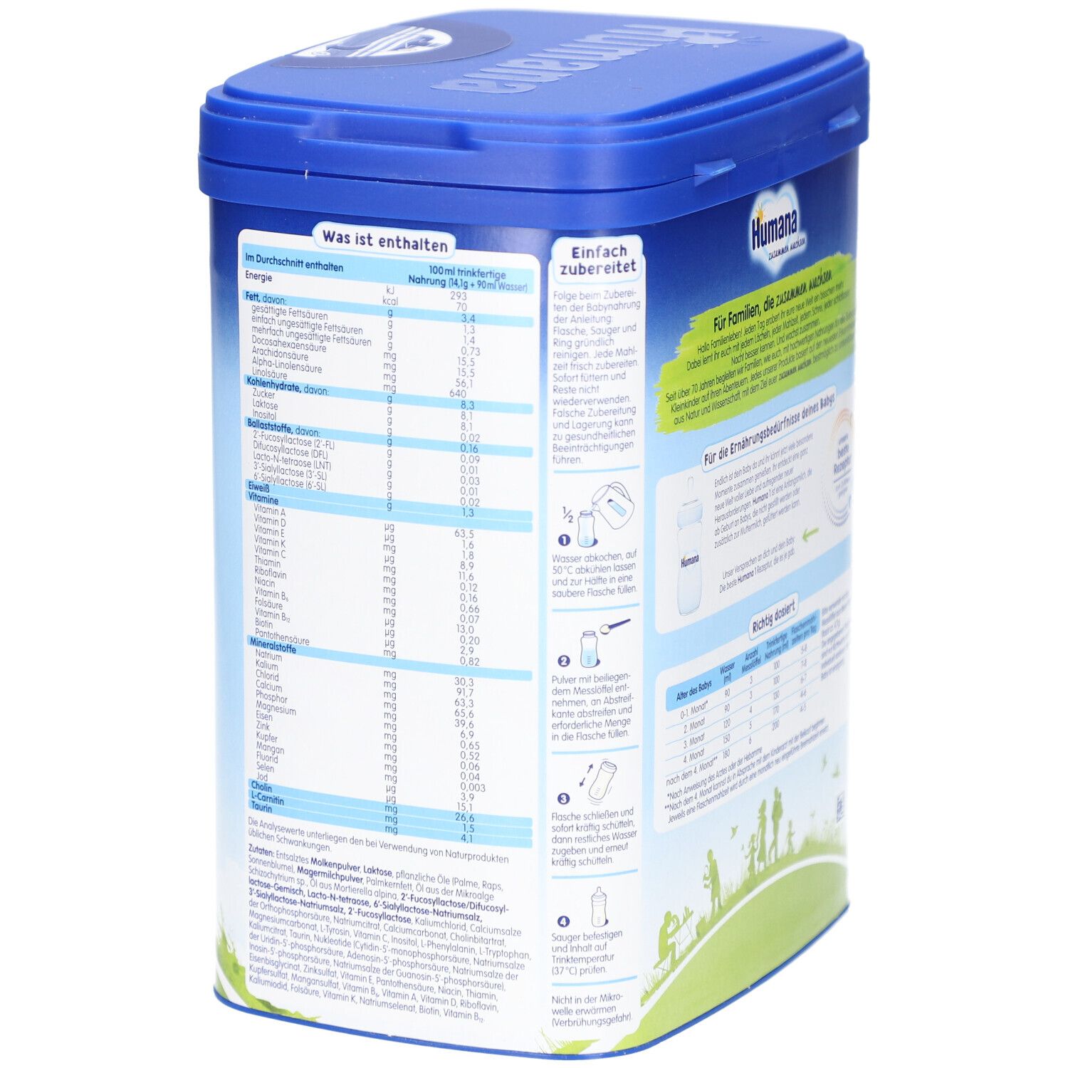 Blaue Dose Humana 1. Rückseite mit Nährwertangaben und Zubereitungshinweisen. 750g. Enthält Informationen.