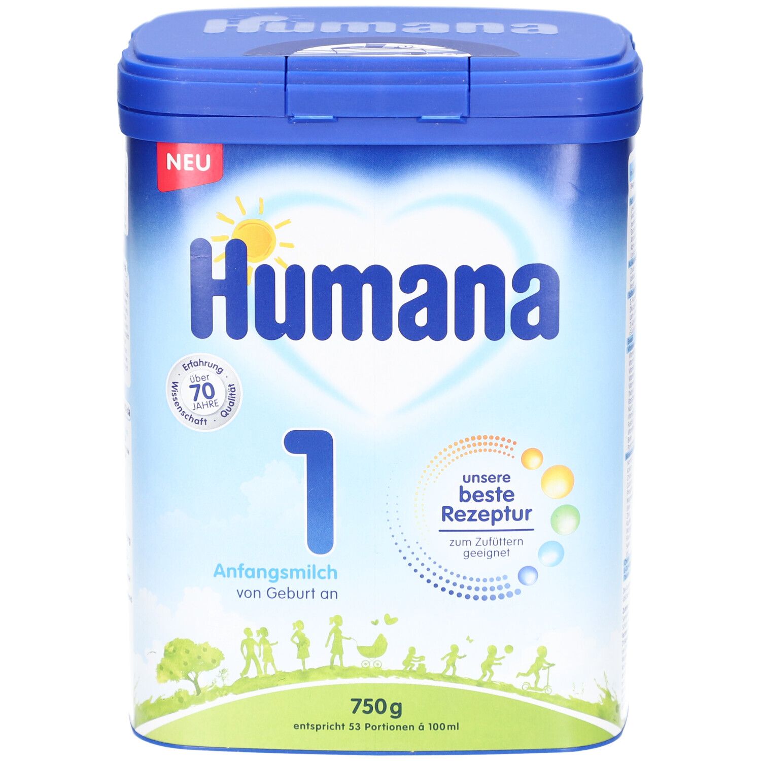 Blaue Dose Humana 1 Anfangsmilch. Aufschrift: Humana, 1, 750g. Mit Herz-Logo und Sonne. "Unsere beste Rezeptur".