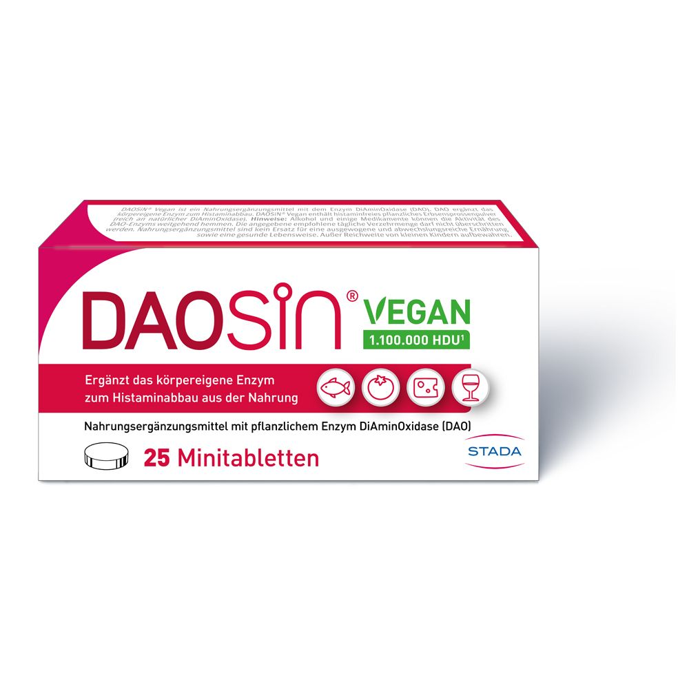 Weiße und pinke Schachtel mit DAOSIN® Vegan. 25 Minitabletten. Text: Ergänzt das körpereigene Enzym zum Histaminabbau.