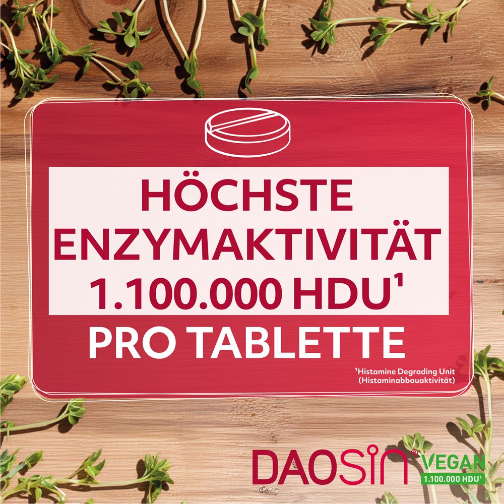 Rote Tafel mit Text: Höchste Enzymaktivität 1.100.000 HDU pro Tablette. DAOSIN® Vegan Logo.