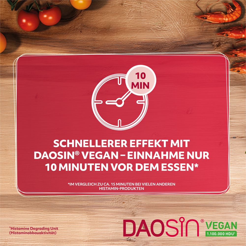 Rote Tafel mit Text: Schnellerer Effekt mit DAOSIN® Vegan – Einnahme nur 10 Minuten vor dem Essen.