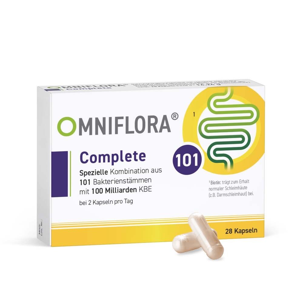 OMNIFLORA Complete Packung. Enthält 28 Kapseln. Aufschrift: 101 Bakterienstämme, 100 Mrd. KBE.