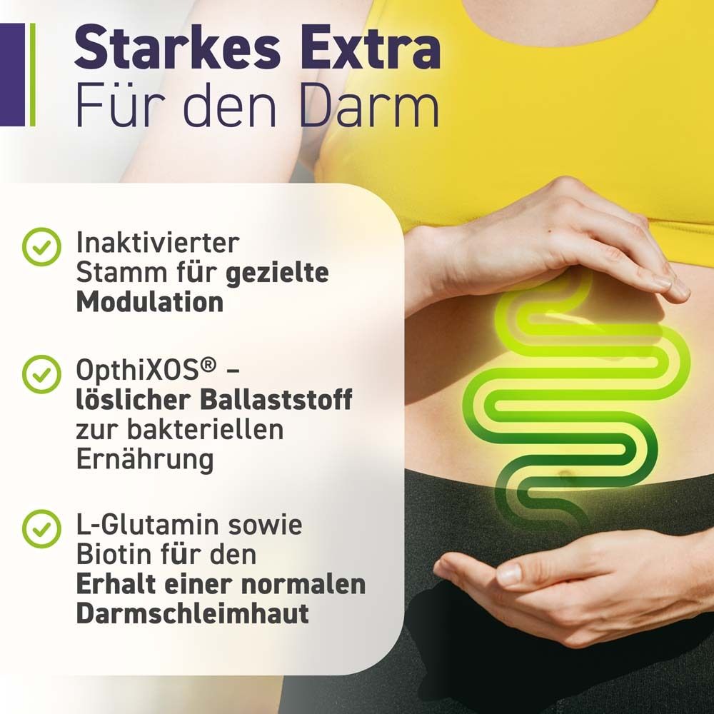Grafik mit Text: Starkes Extra für den Darm. Inaktivierte Modulation, OptiXOS, L-Glutamin, Biotin.