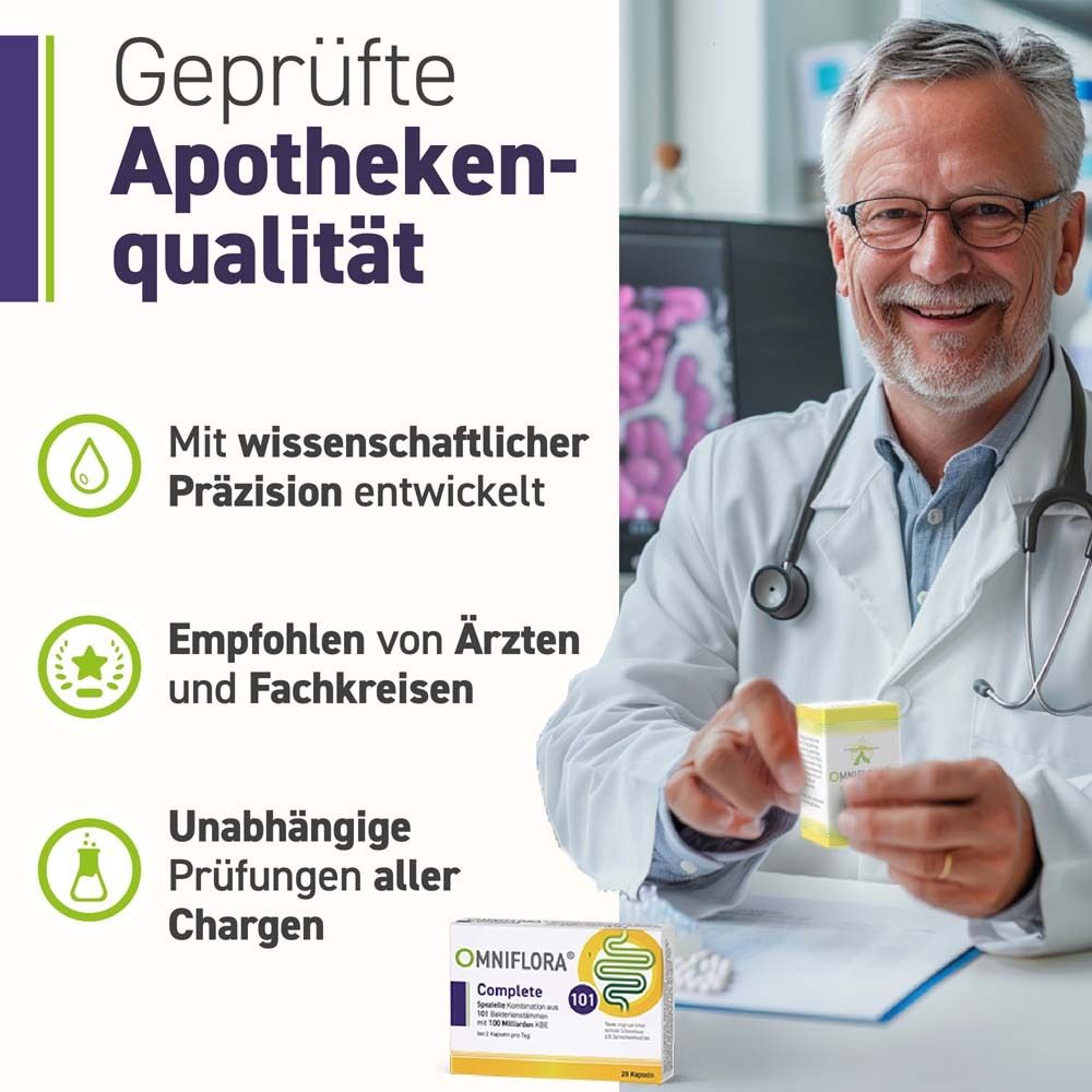 Arzt hält OMNIFLORA Complete. Text: Geprüfte Apothekenqualität. Empfohlen von Ärzten und Fachkreisen.