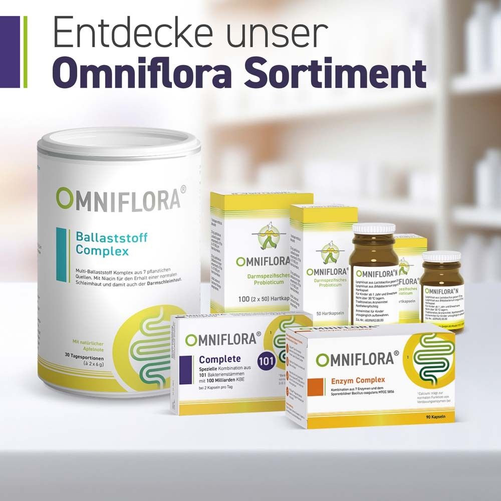 OMNIFLORA Sortiment. Produkte: Ballaststoff Complex, Complete, Enzym Complex, weitere Flaschen und Packungen.