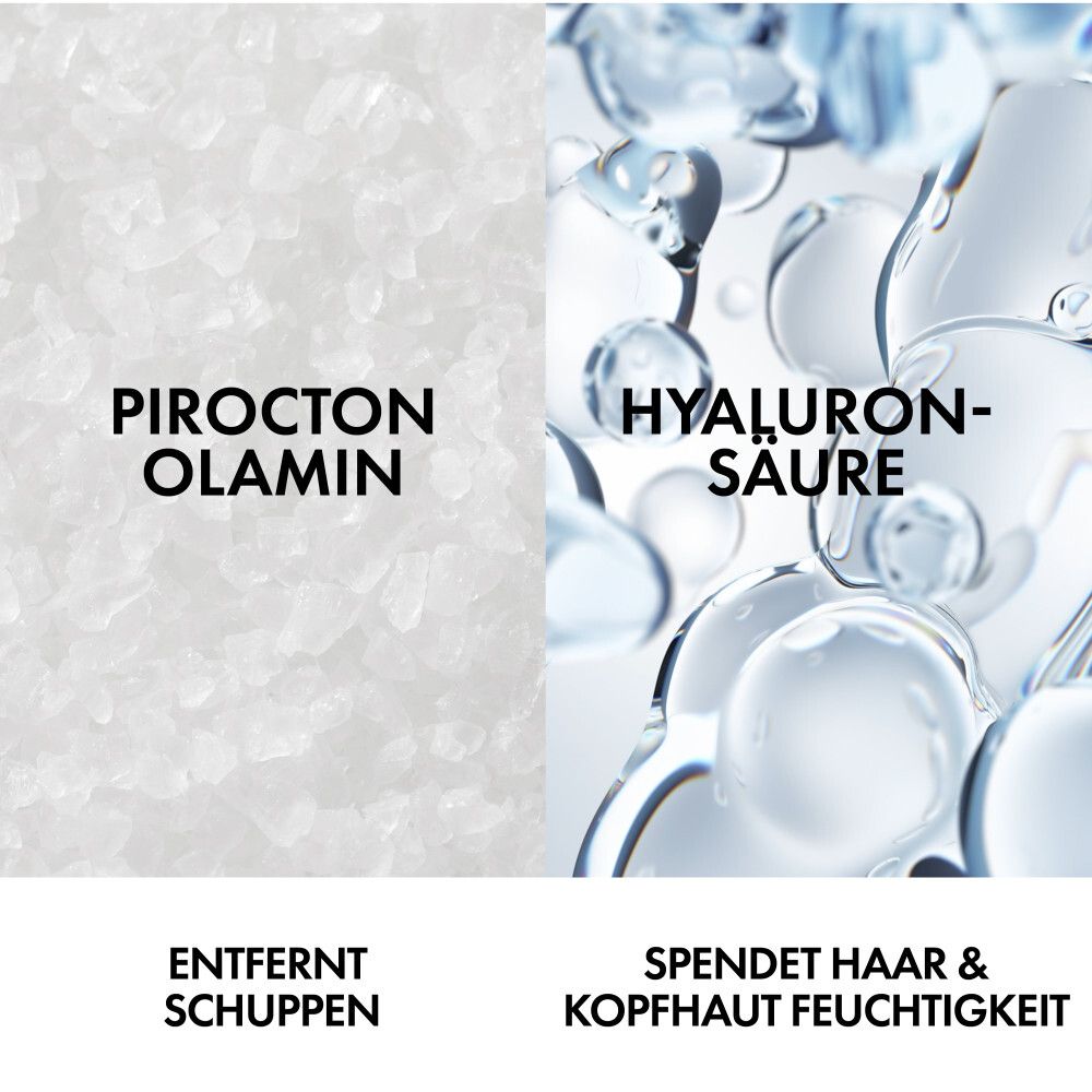 Nahaufnahme von Pirocton Olamin und Hyaluronsäure. Text: Entfernt Schuppen, spendet Feuchtigkeit.