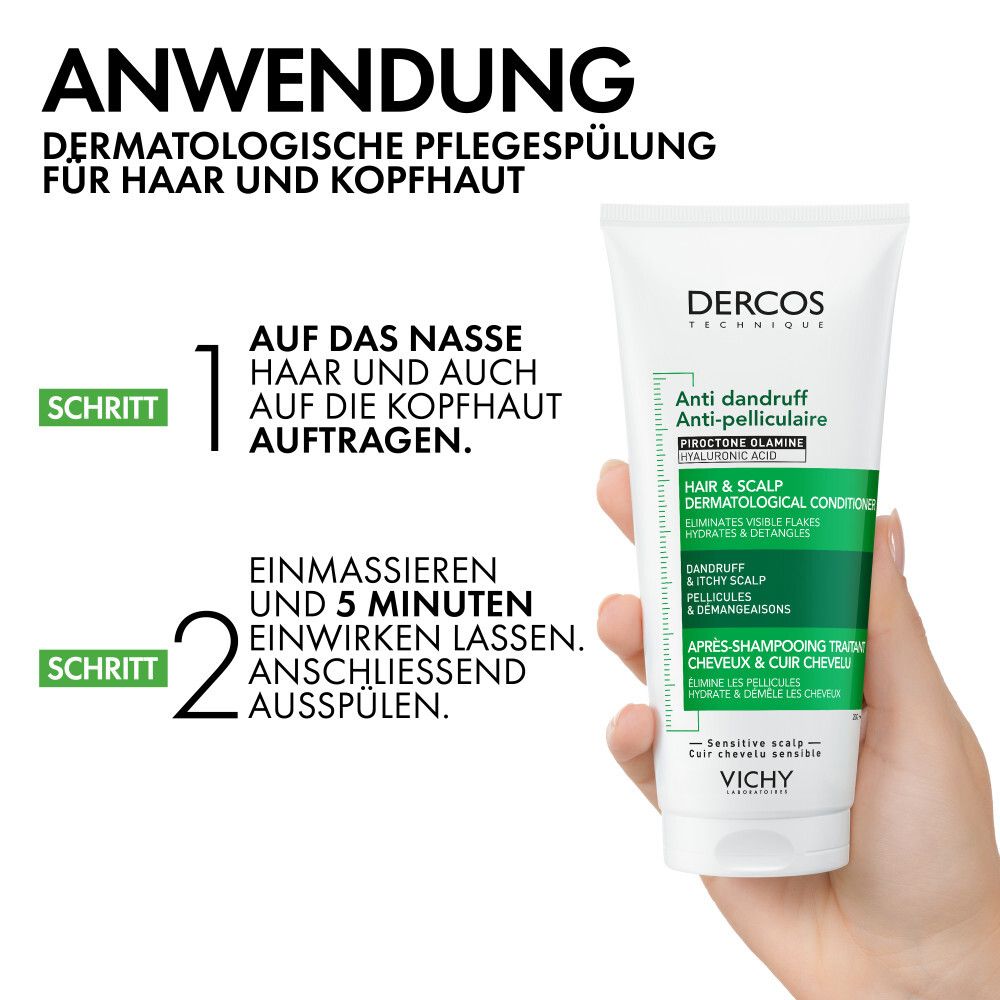 Anwendungsschritte für Dercos Anti-Schuppen Conditioner. Auf nasses Haar auftragen, einwirken lassen, ausspülen.