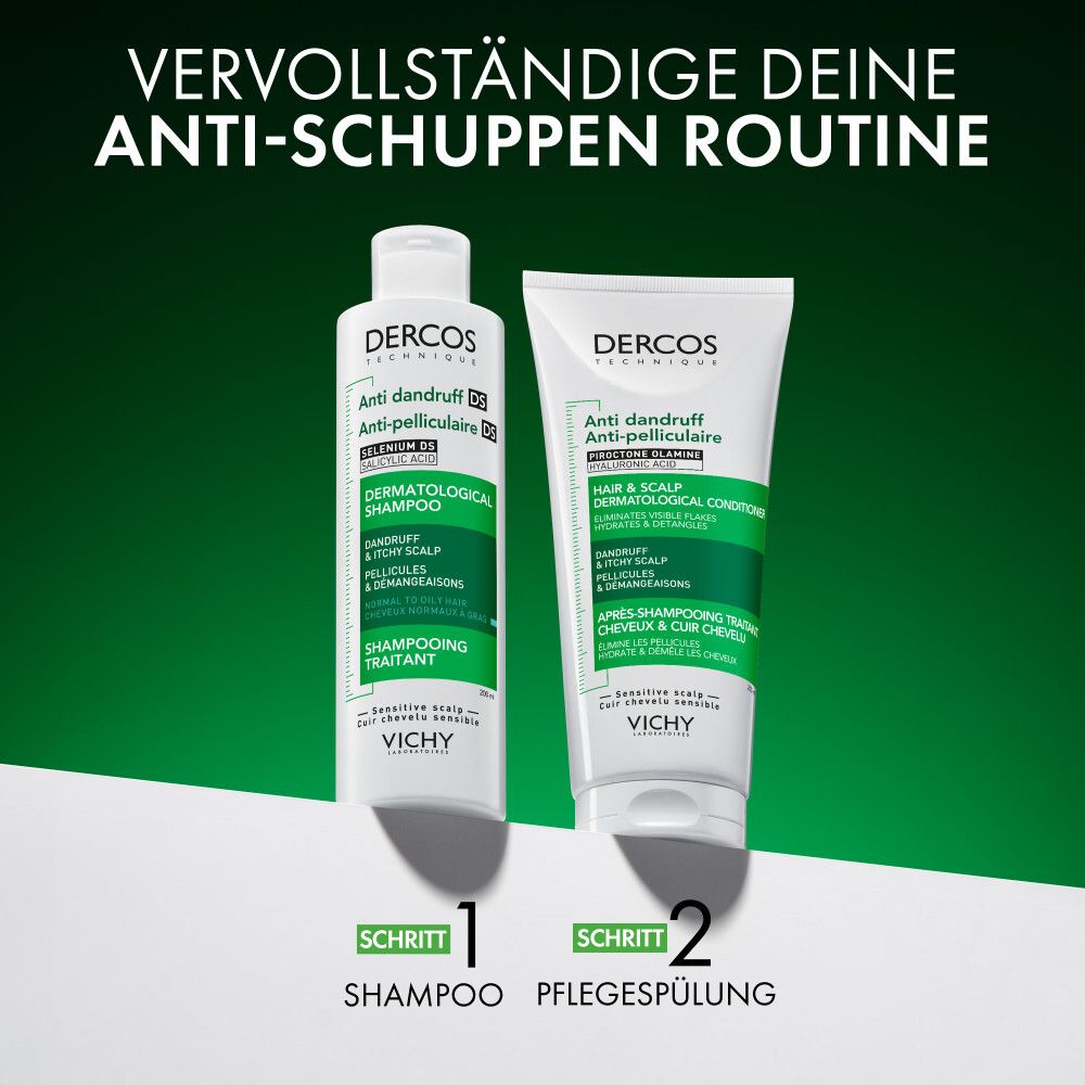 Dercos Anti-Schuppen Shampoo und Conditioner. Schritte: Shampoo, Pflegespülung.