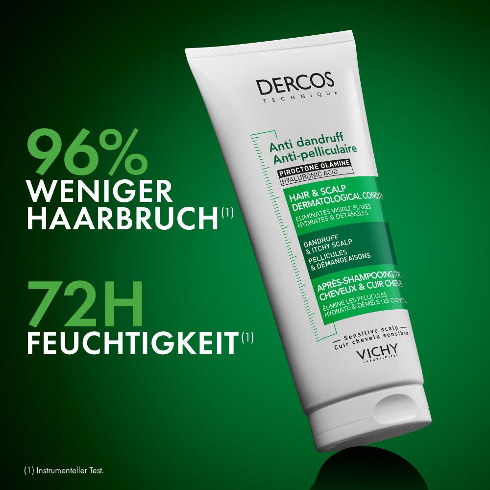 Tube Dercos Anti-Schuppen Conditioner. Text: 96% weniger Haarbruch, 72h Feuchtigkeit.