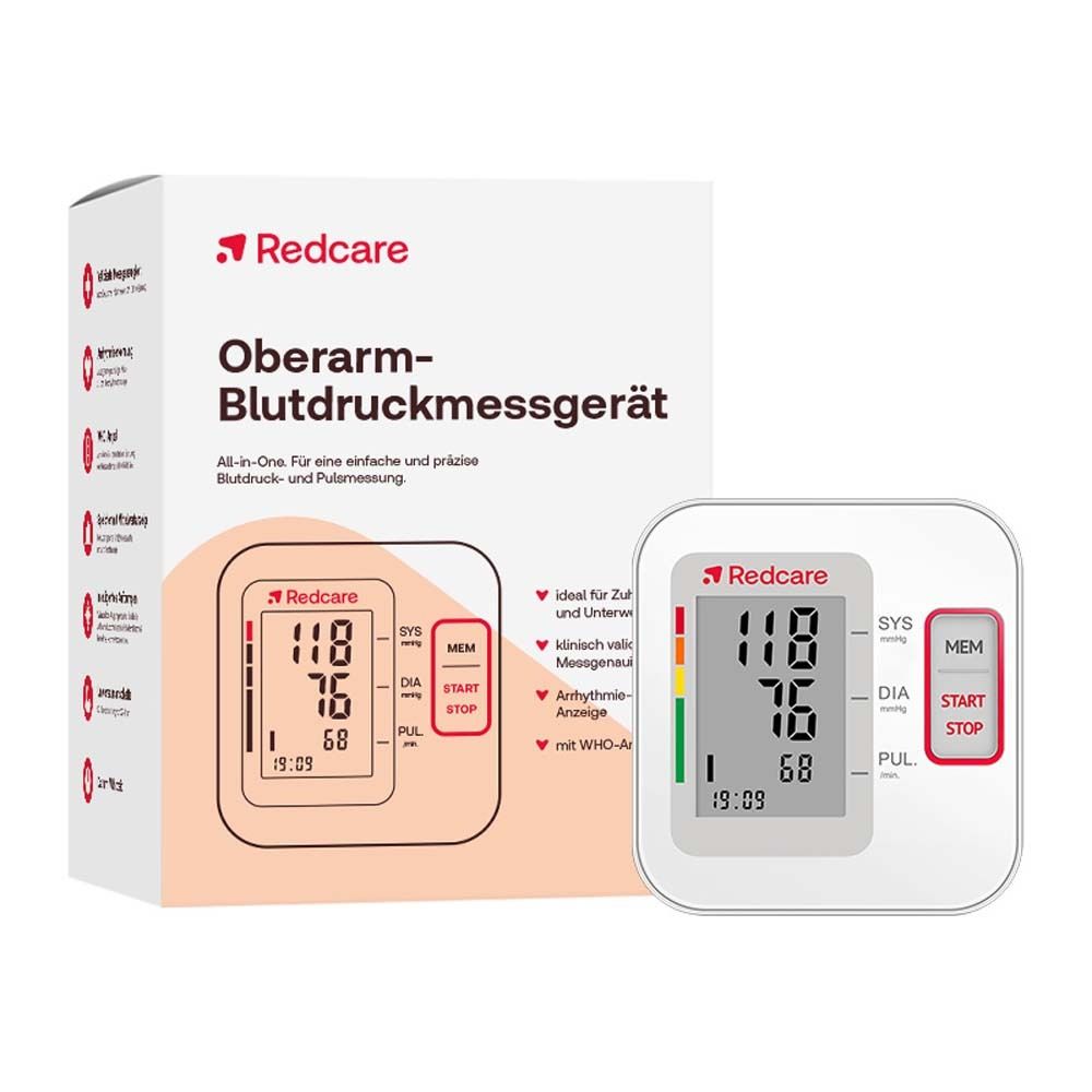 Redcare Oberarm-Blutdruckmessgerät und Verpackung. Gerät mit Display, Anzeige von Werten. Klinisch validiert.
