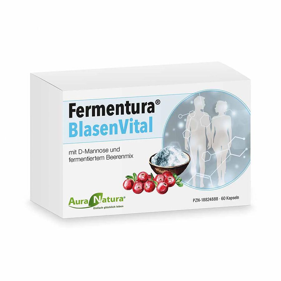 Weiße Schachtel mit Produktnamen und Illustrationen. Cranberries und eine Schüssel mit Pulver sind abgebildet. Text: BlasenVital, 60 Kapseln.