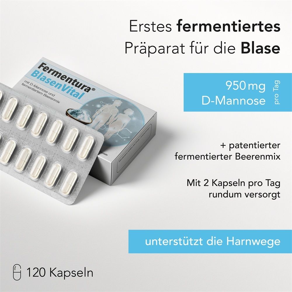 Fermentura BlasenVital Kapseln, Blisterpackung und Karton, mit D-Mannose.
