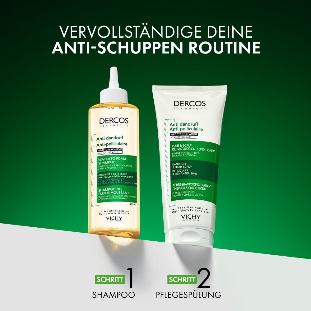 Zwei Flaschen: Shampoo und Spülung. Aufschrift: DERCOS, Anti-Schuppen. Schritte 1 und 2. Grüne Hintergrund.