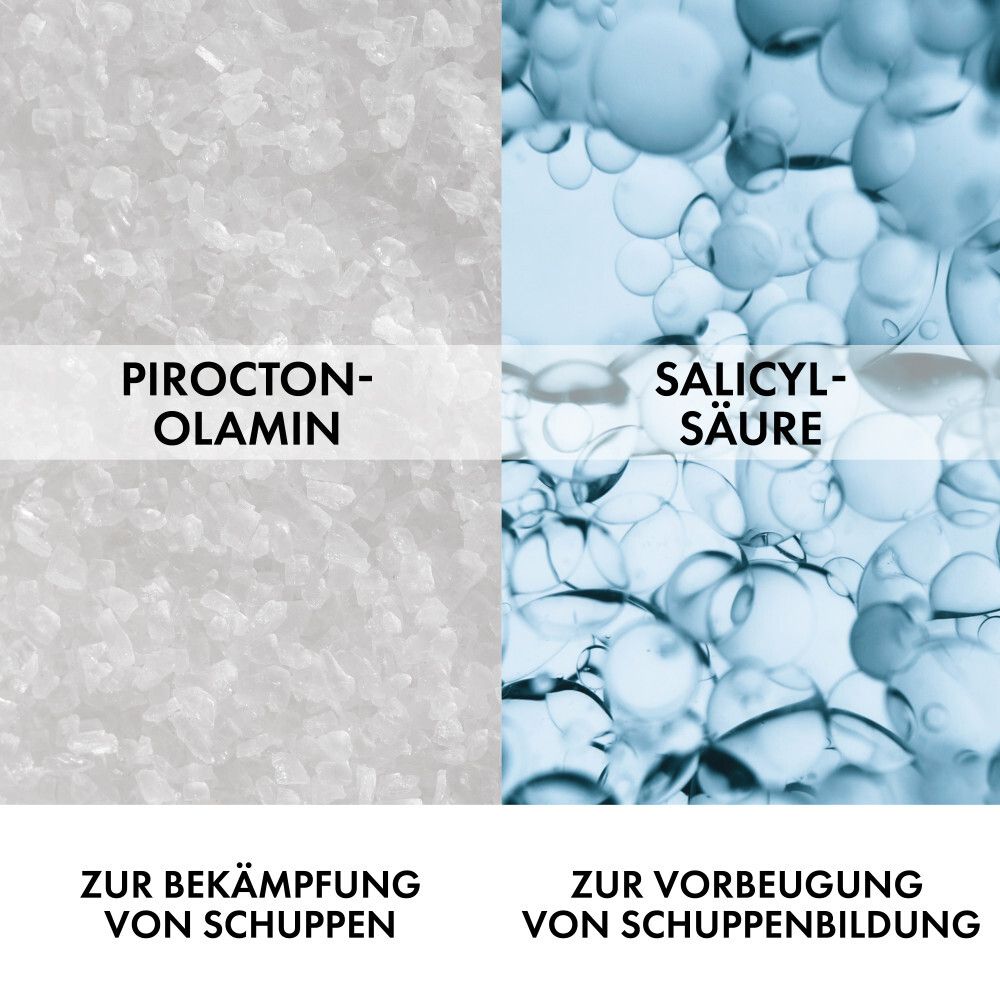Zwei Bereiche mit Text: Pirocton-Olamin und Salicylsäure. Text: Zur Bekämpfung von Schuppen und zur Vorbeugung von Schuppenbildung.