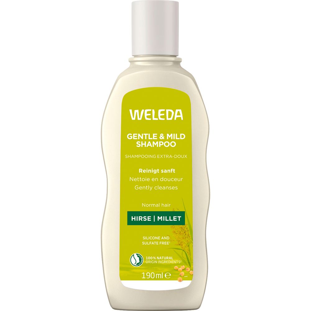 Beige Flasche mit weißem Deckel. Aufschrift: WELEDA Gentle & Mild Shampoo. Enthält Hirse. 100% natürliche Inhaltsstoffe.