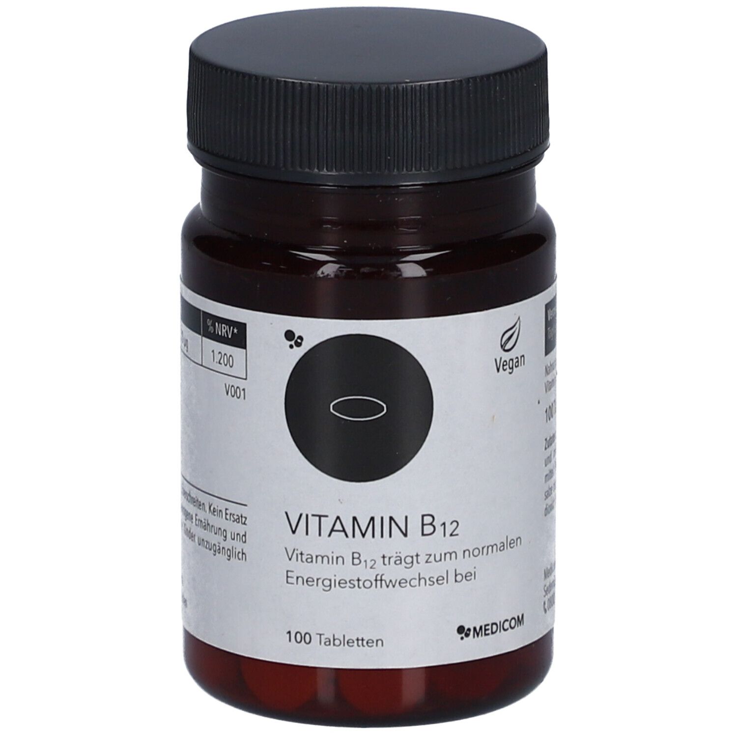 Braune Tablettenflasche mit schwarzem Deckel. Aufschrift: Vitamin B12, 100 Tabletten. Vegan-Siegel.