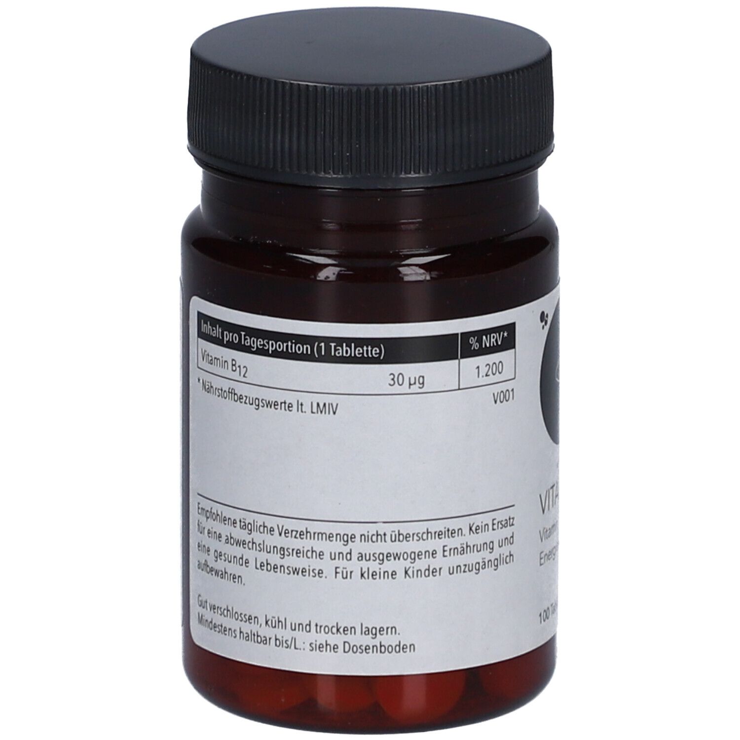 Rückseite der Tablettenflasche. Informationen zu Vitamin B12 und Nährwertangaben. Text in deutscher Sprache.