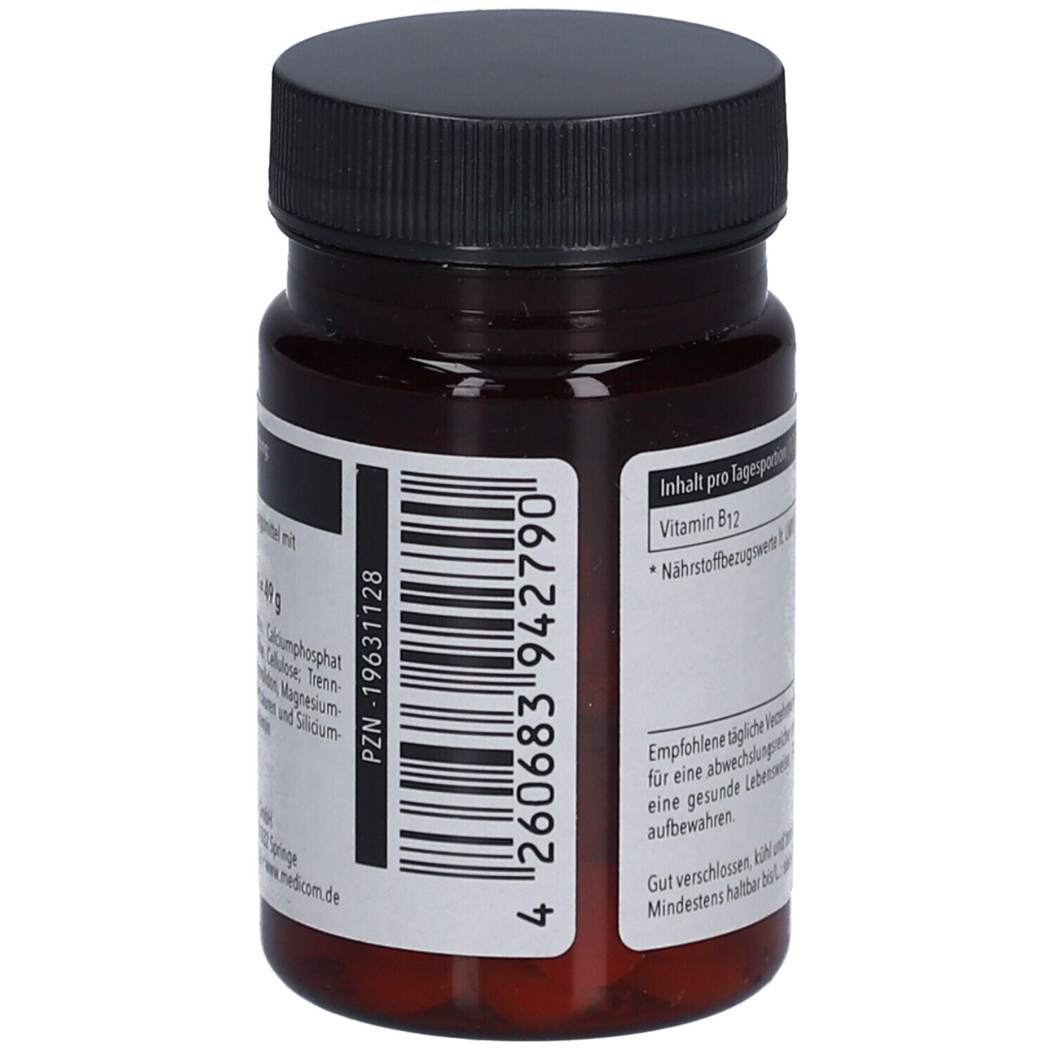 Tablettenflasche mit Barcode und Informationen. Aufschrift: Vitamin B12. Braune Flasche mit schwarzem Deckel.