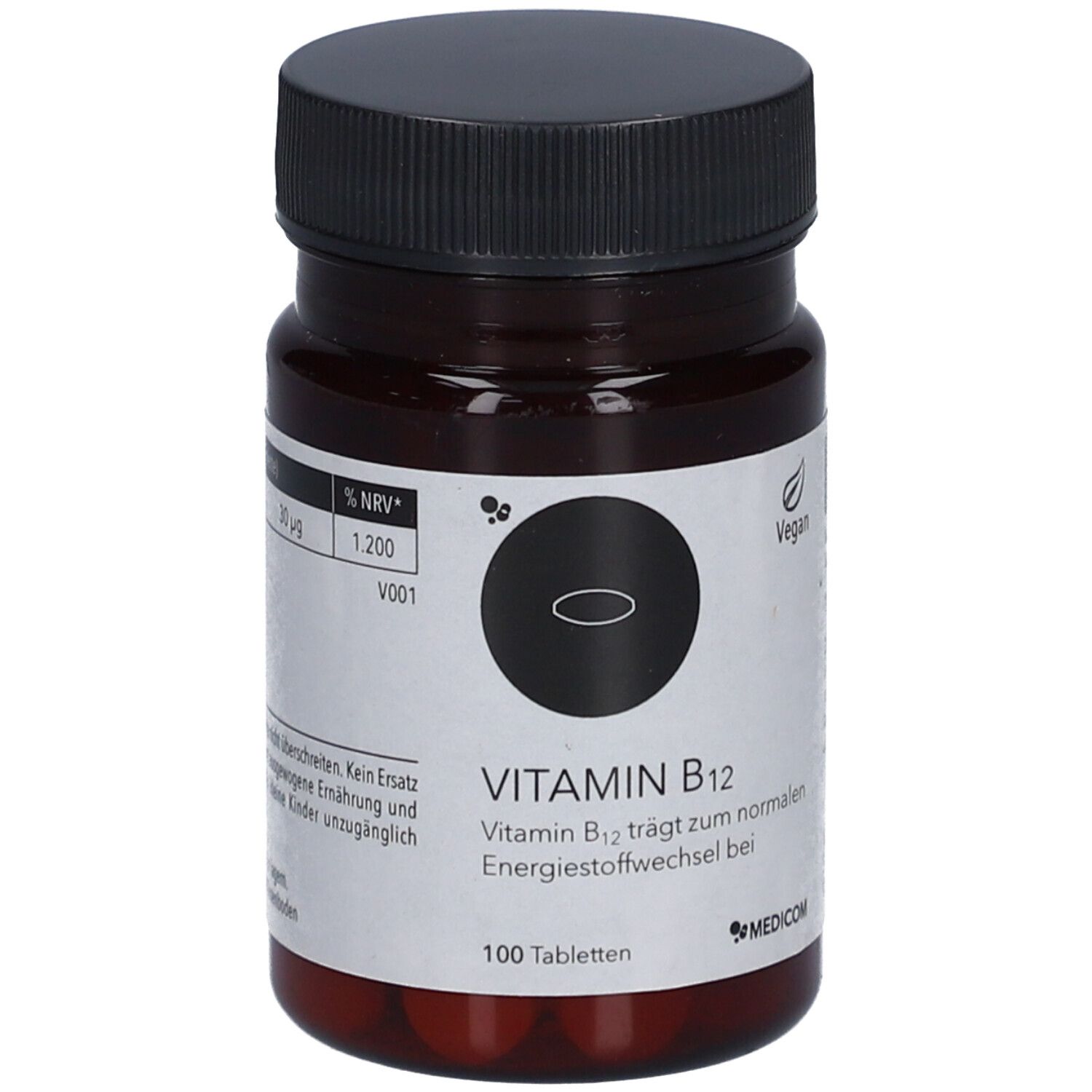Braune Tablettenflasche mit schwarzem Deckel. Aufschrift: Vitamin B12, 100 Tabletten. Vegan-Siegel.