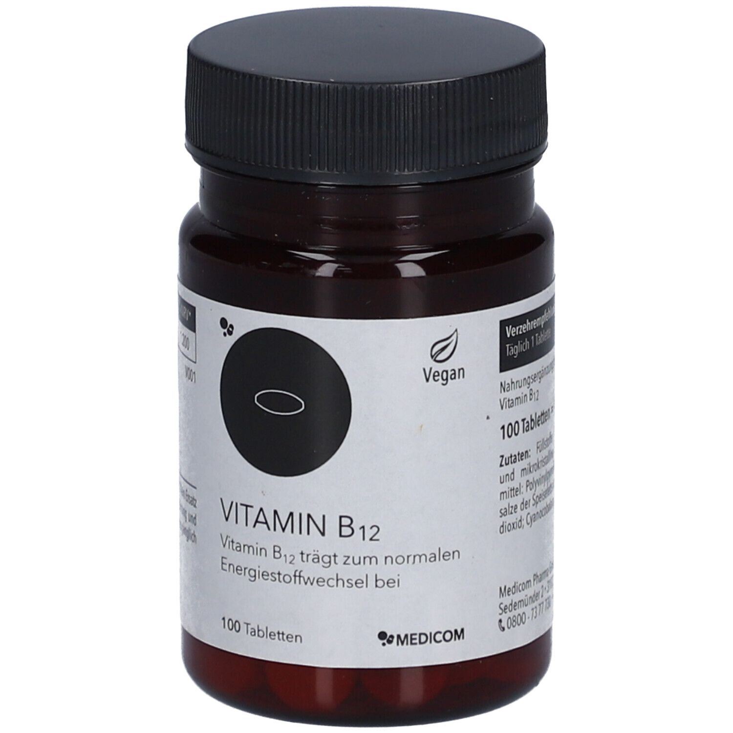 Braune Tablettenflasche mit schwarzem Deckel. Aufschrift: Vitamin B12, 100 Tabletten. Vegan-Siegel.