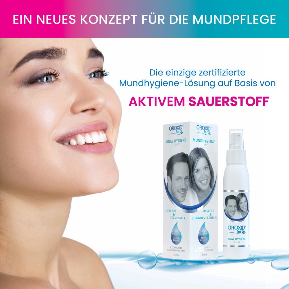 Frau mit weißem Lächeln. Im Hintergrund: Verpackung und Flasche von OROXID forte Mundspray. Text: Aktiver Sauerstoff.