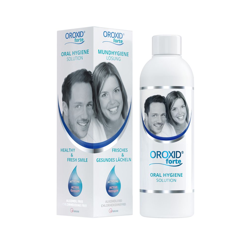 Mundspüllösung und Verpackung. Aufschrift: OROXID forte, Mundhygiene Lösung. Abbildung von Mann und Frau.