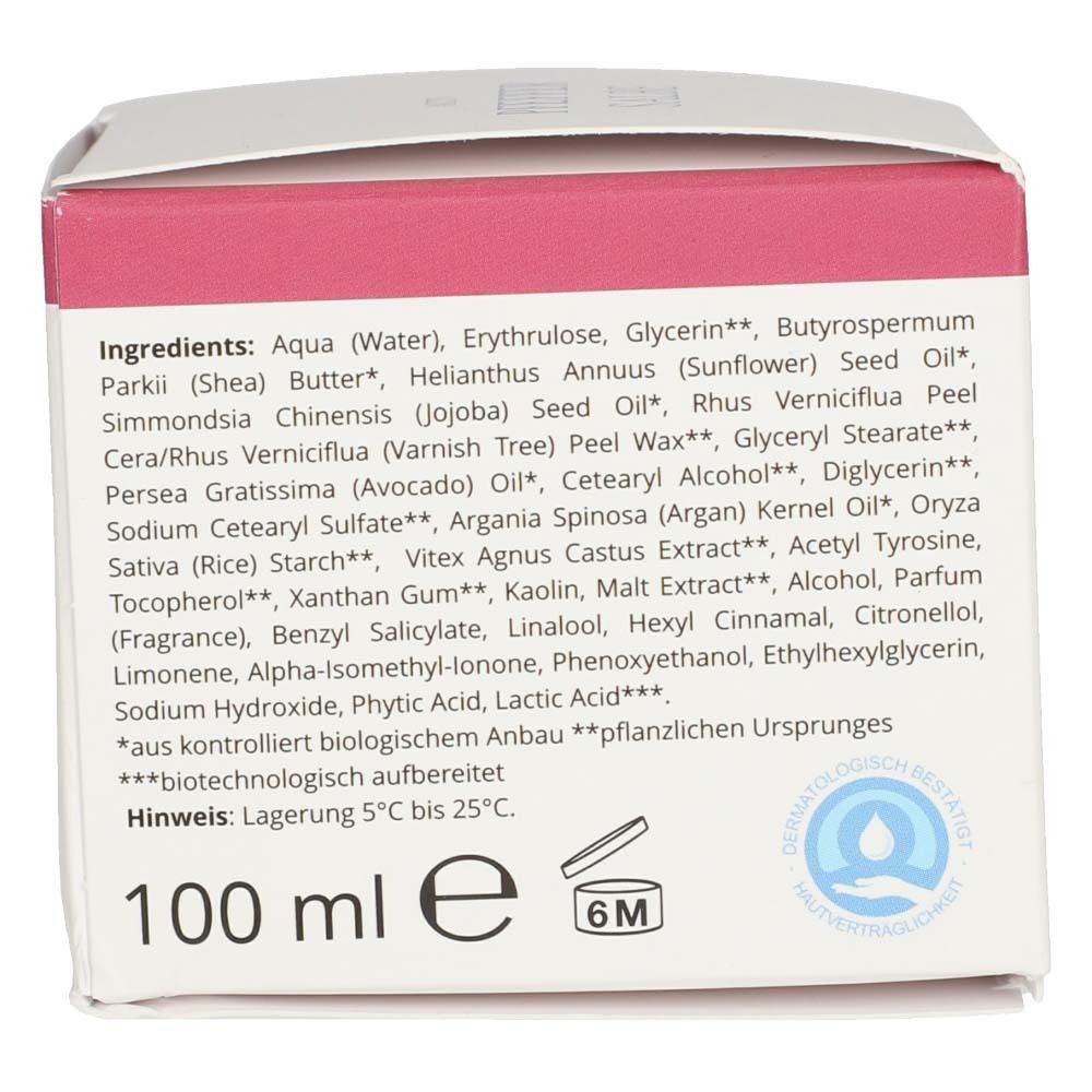 Rückseite der Faltschachtel. Auflistung der Inhaltsstoffe. Text: 100 ml, 6M. Logo: Dermatologisch getestet.