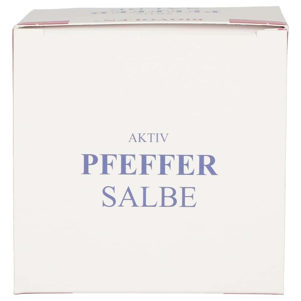 Weiße Faltschachtel. Aufschrift: AKTIV, PFEFFER SALBE.