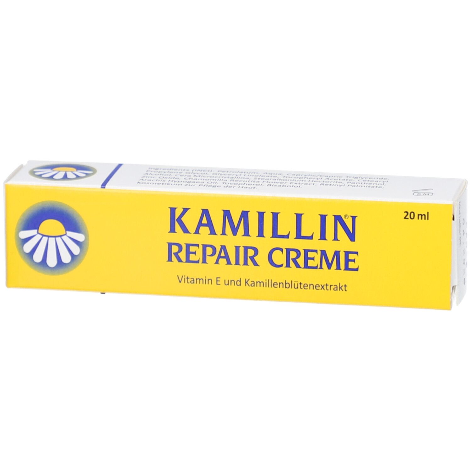 Gelbe Schachtel mit KAMILLIN REPAIR CREME-Aufschrift. Enthält Vitamin E und Kamillenblütenextrakt. 20 ml.