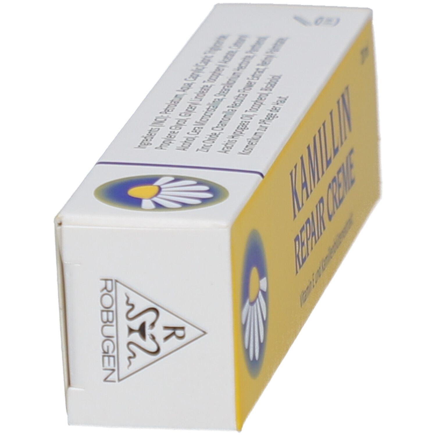Schachtel mit KAMILLIN REPAIR CREME. Aufschrift und Logo. ROBUGEN-Logo. Inhaltsstoffe auf der Seite.