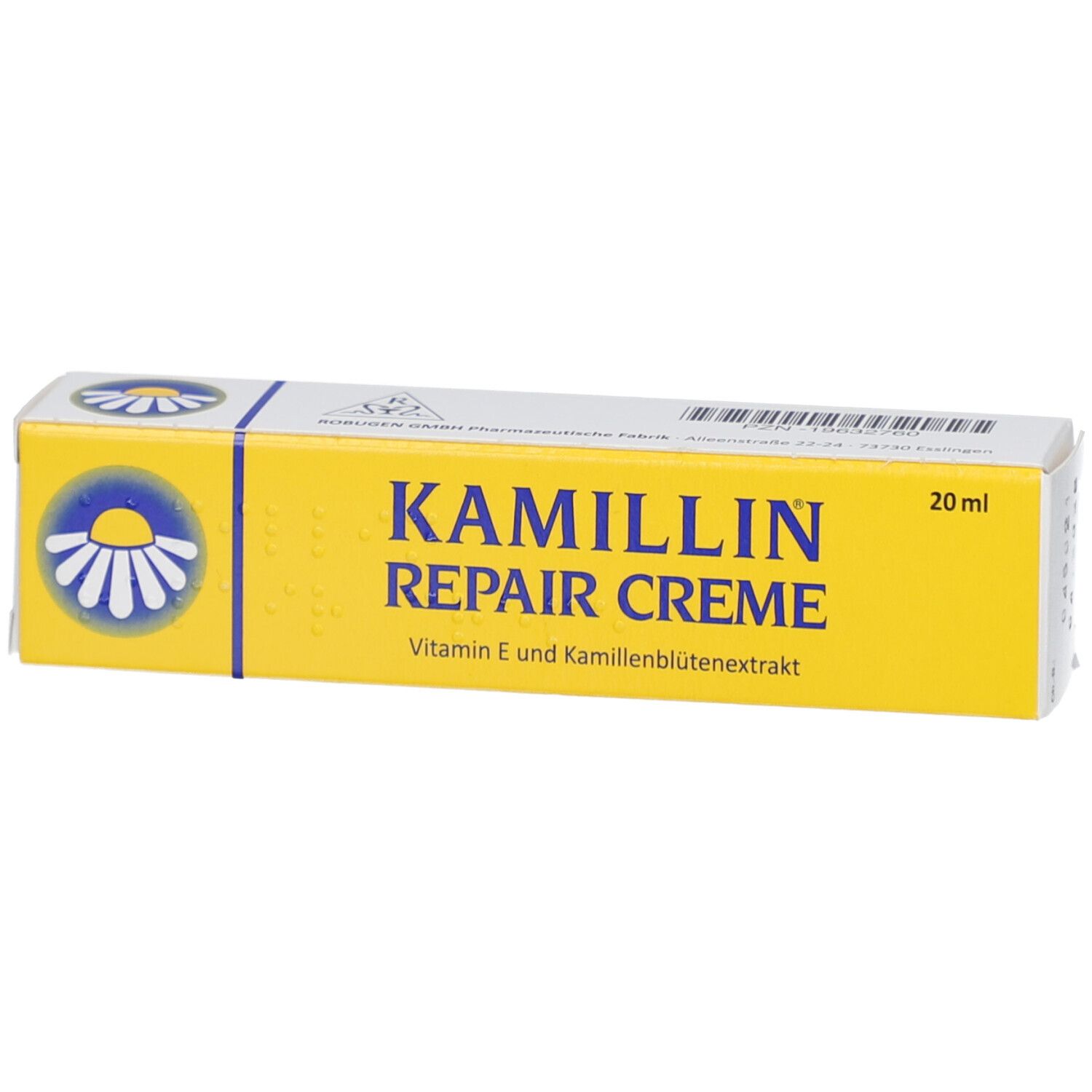 Gelbe Schachtel mit KAMILLIN REPAIR CREME-Aufschrift. Enthält Vitamin E und Kamillenblütenextrakt. 20 ml.