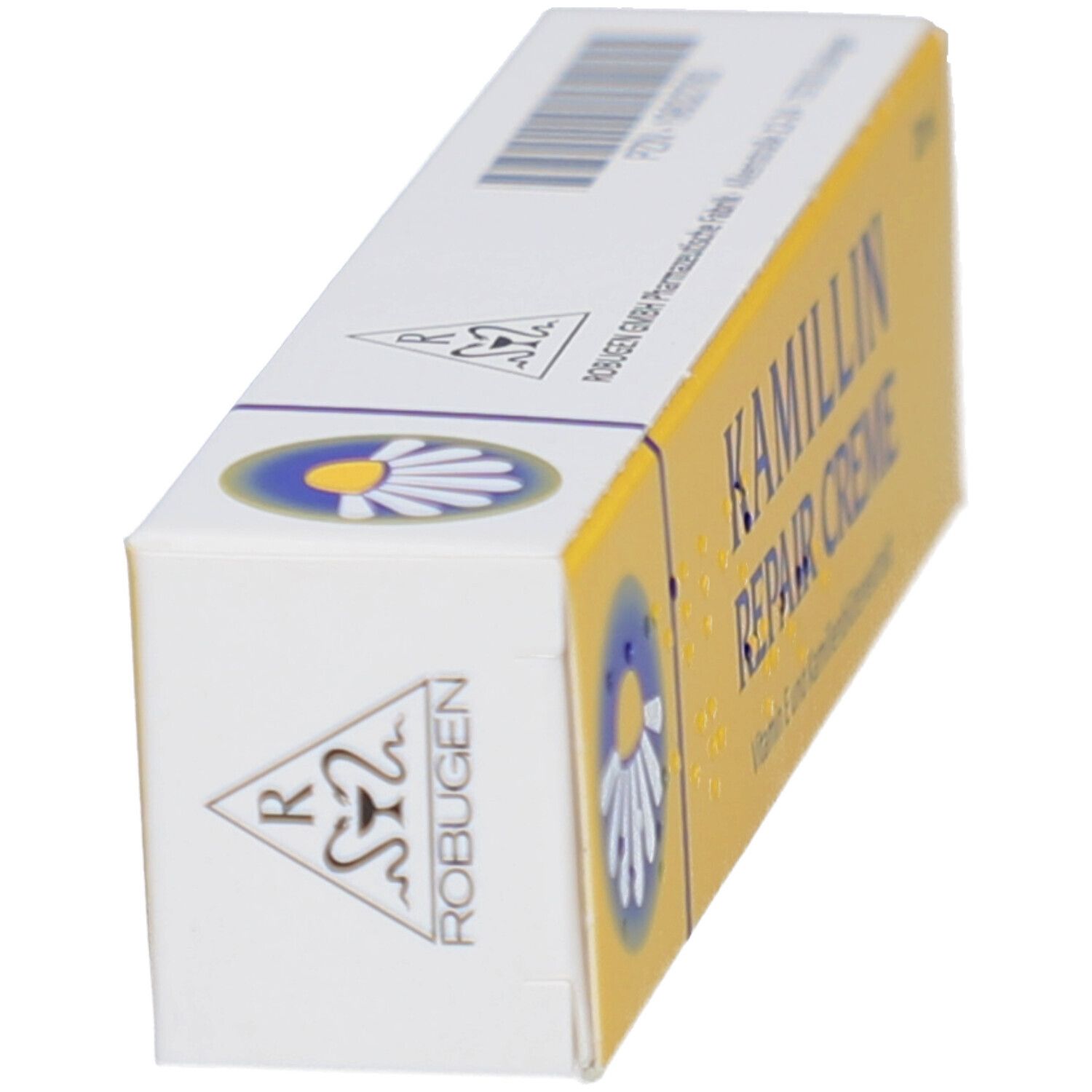 Schachtel mit KAMILLIN REPAIR CREME. Aufschrift und Logo. ROBUGEN-Logo. Barcode und Inhaltsstoffe.