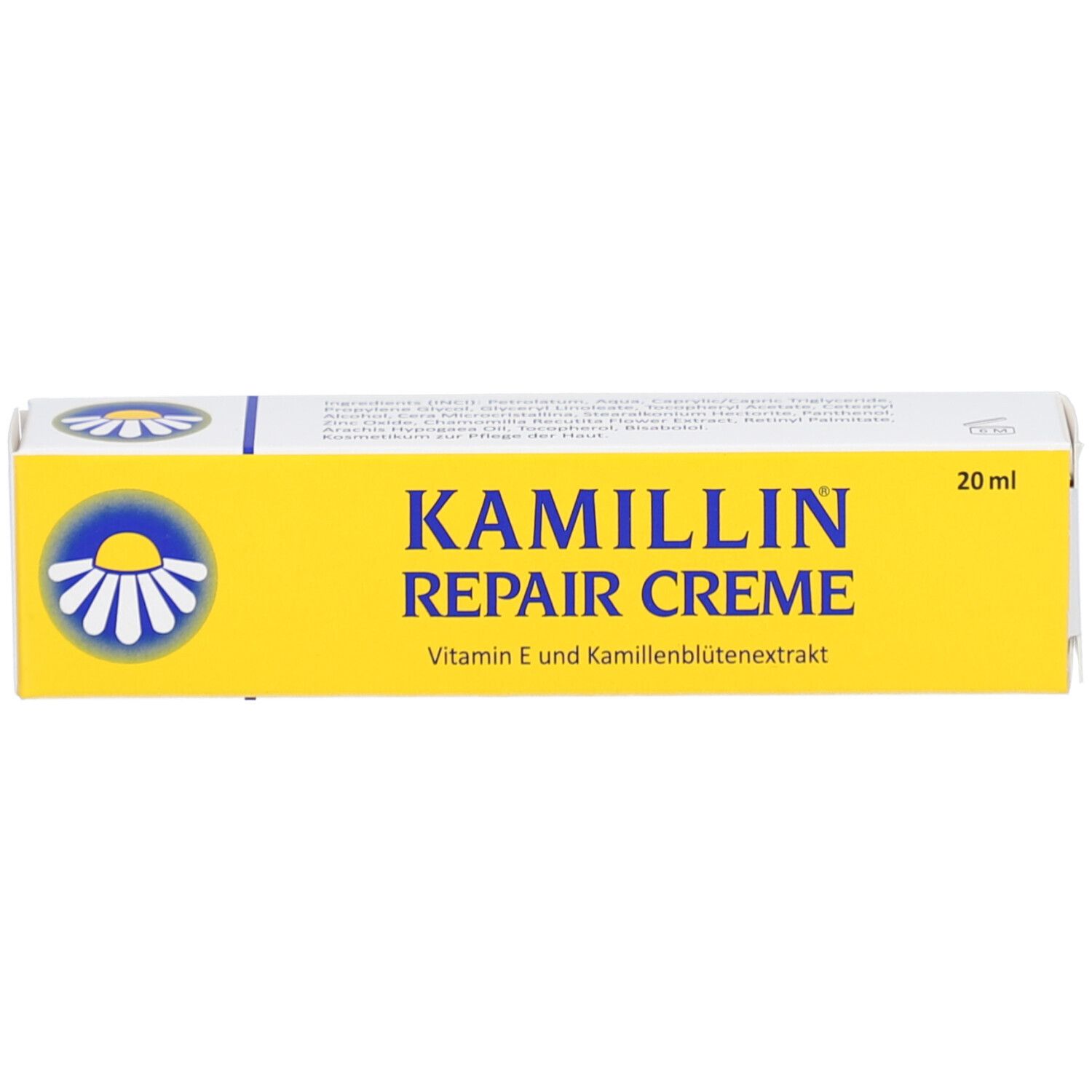 Gelbe Schachtel mit KAMILLIN REPAIR CREME-Aufschrift. Enthält Vitamin E und Kamillenblütenextrakt. 20 ml.