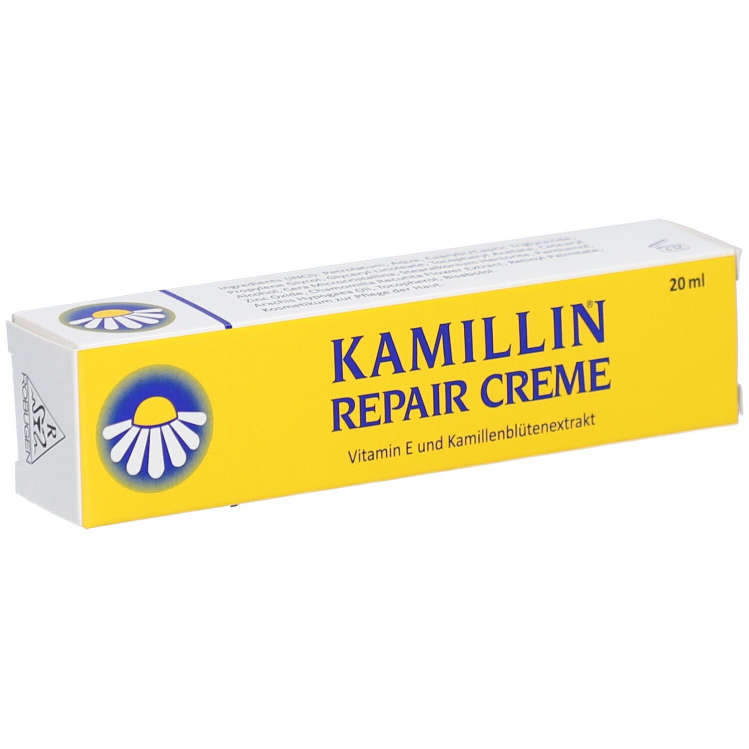 Gelbe Schachtel mit KAMILLIN REPAIR CREME-Aufschrift. Enthält Vitamin E und Kamillenblütenextrakt. 20 ml.