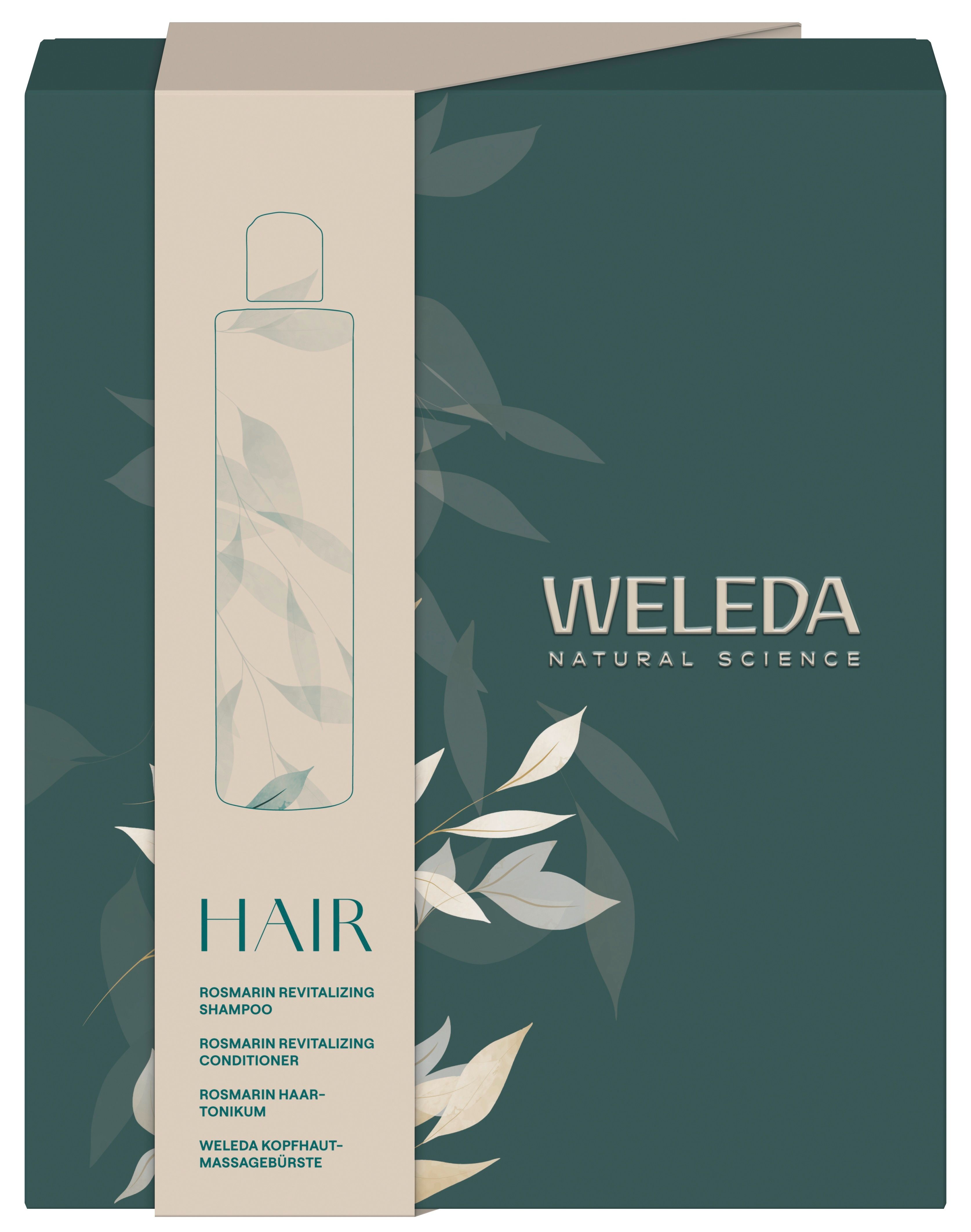 Geschenkset mit Shampoo-Abbildung. Weleda-Logo und Schriftzug 'Hair'. Dunkelgrüne Verpackung mit Blättern.