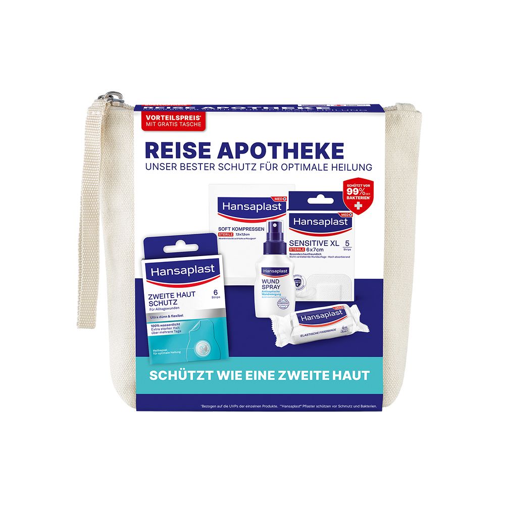 Reise Apotheke in beiger Tasche. Enthält Pflaster, Wundspray und Kompressen. Text: Unser bester Schutz für optimale Heilung.