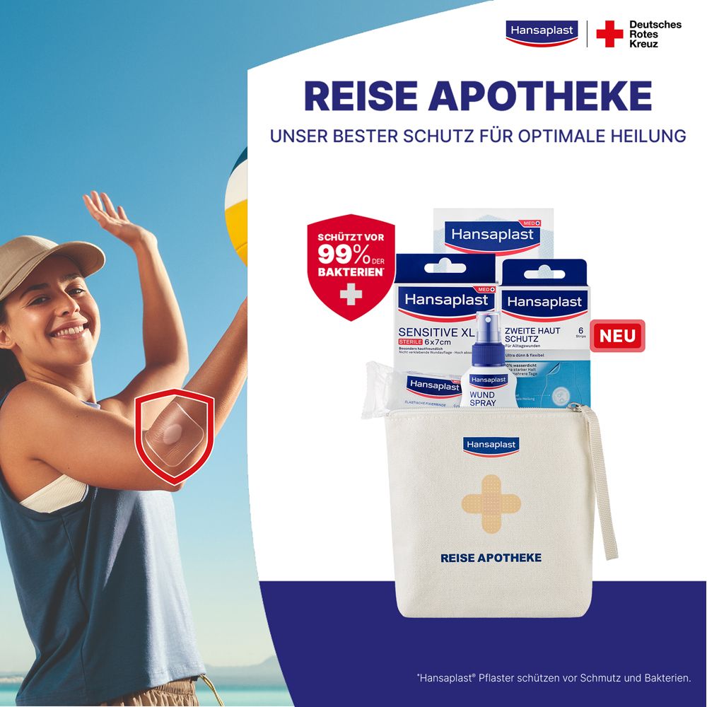 Frau mit Pflaster am Arm. Reise Apotheke mit Pflastern, Spray und Tasche. Text: Unser bester Schutz. Schützt vor 99% Bakterien.