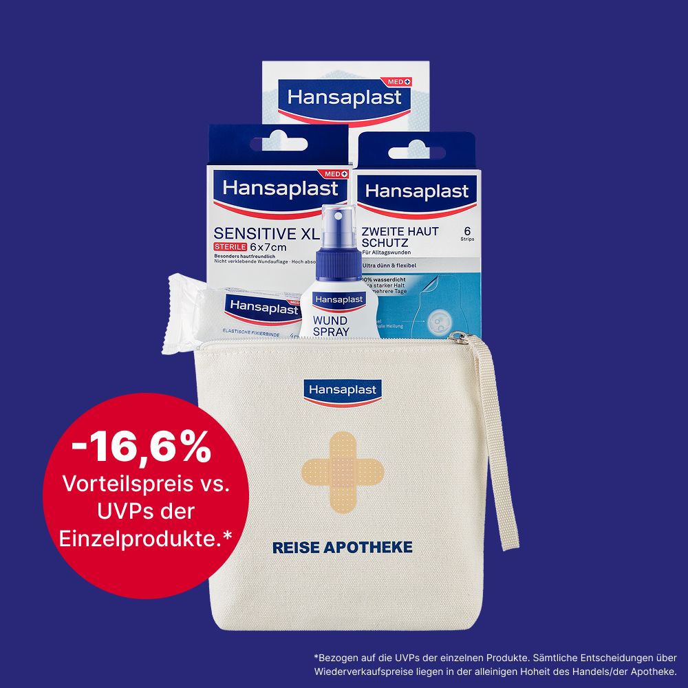 Reise Apotheke mit Pflastern, Spray und Tasche. Text: -16,6% Vorteilspreis. Auf blauem Hintergrund. Enthält verschiedene Produkte.