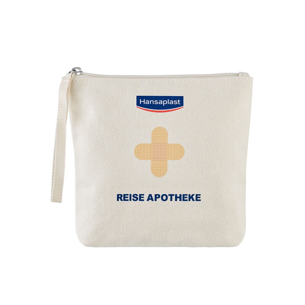 Beige Tasche mit Logo und Pflaster-Symbol. Text: Reise Apotheke. Reißverschluss und Trageschlaufe. Einfaches, sauberes Design.