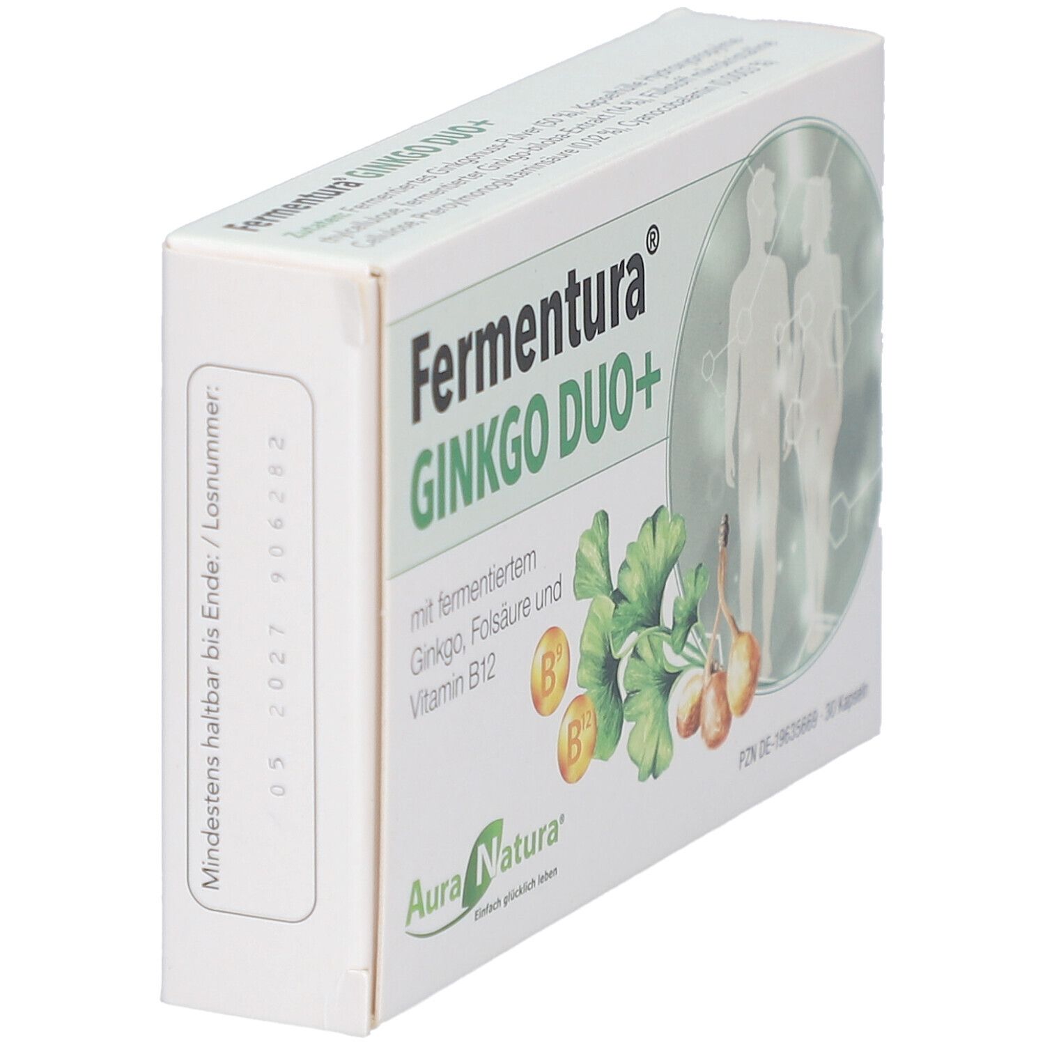 Weiße Schachtel mit Produktnamen Fermentura Ginkgo Duo+. Seitenansicht. Enthält 30 Kapseln. Mindesthaltbarkeitsdatum.