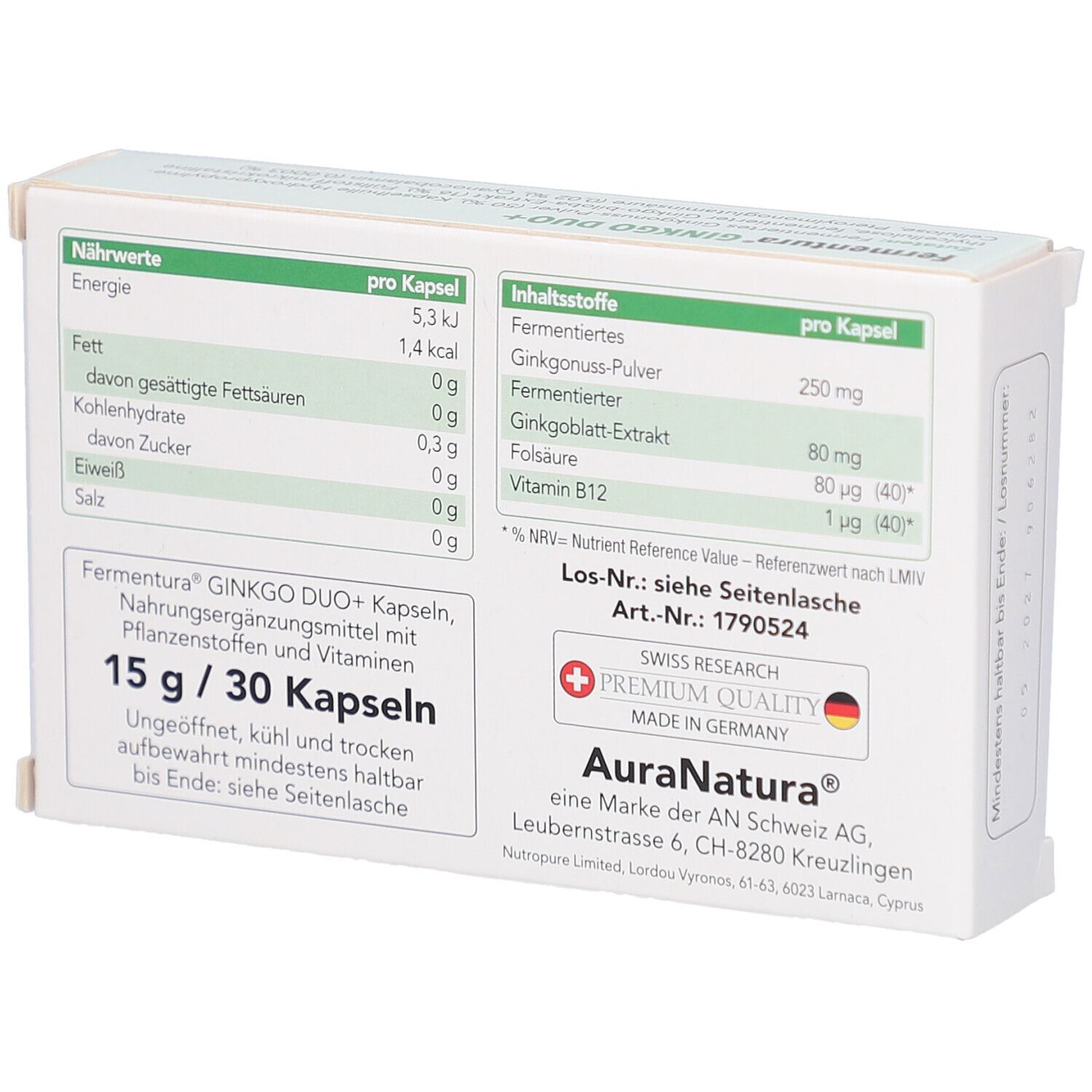 Rückseite der weißen Schachtel. Enthält Nährwertangaben und Inhaltsstoffe pro Kapsel. Marke AuraNatura. Hergestellt in Deutschland.